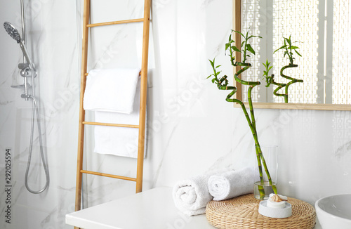 Tropical bamboo stems with leaves in stylish bathroom interior