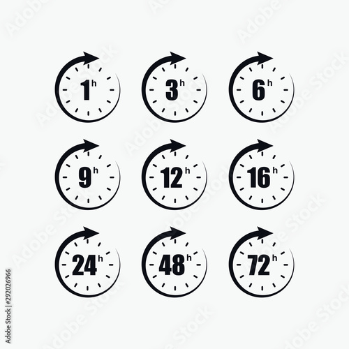 Clock arrow 1, 3, 6, 9, 12, 16, 24, 48, 72 hours. Set of delivery service time icons.