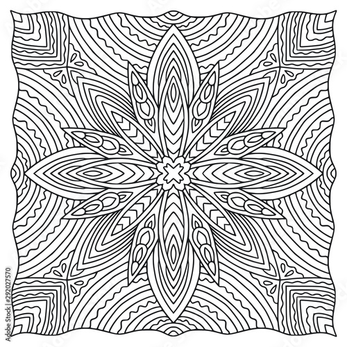 Coloring book page print. Linear shawl pattern. Black and white background. Template for textile. Ornamental square pattern with geometric ornament.