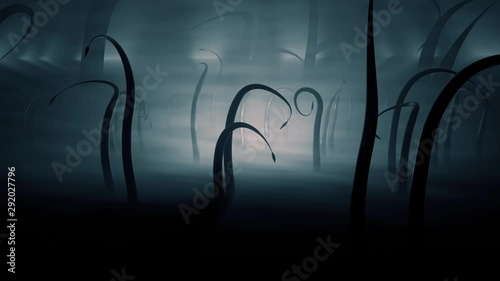 Horror mysterious landscape with strange tentacle field ondulating in the wind on foggy night, blue color. Fixed camera. photo