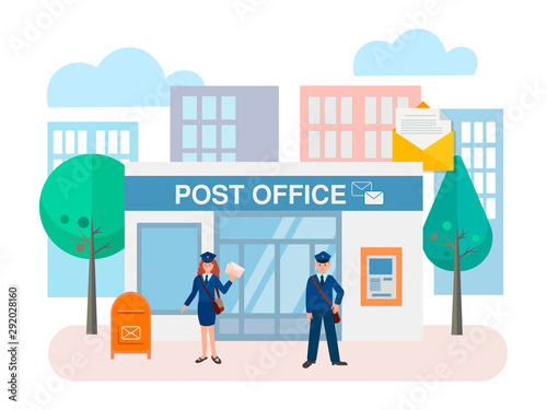 Post office building with mailbox outside and ATM on the wall of the building and postal workers.
