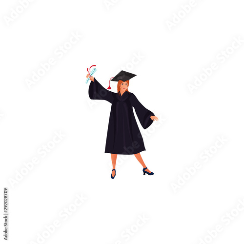 Graduate girl in a mantle with a raised diploma in hand vector illustration in a flat cartoon style