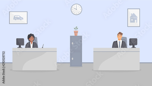Bank office or insurance company: bank employees sitting behind tables and ready to serve bank customers. Elegant interior with wall clock and paintings with house and car.Safe.Vector illustration