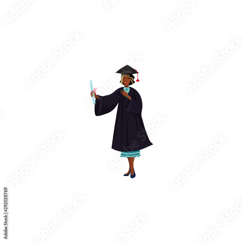 Graduate girl in a mantle holds a diploma with an outstretched hand. Vector illustration in a flat cartoon style.