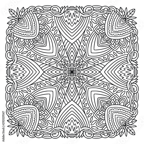 Coloring book page print. Oriental shawl pattern. Black and white background. Template for textile. Ornamental square pattern with geometric ornament.