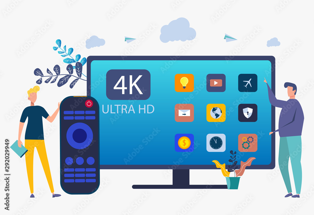 Worker demonstrates modern ultra HD smart TV. UHD Smart TV, Ultra High Resolution, 4K 8K Display Technology Concept. colorful vector illustration Worker demonstrates modern ultra HD smart TV. UHD Smart TV, Ultra High Resolution, 4K 8K Display Technology Concept. colorful vector illustration
