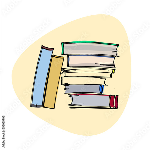 Hand drawn pile of books in realistic style. Stack of manuals, guides, textbooks. Concept of learning, education. Isolated design element