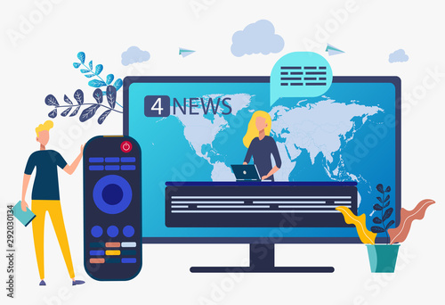 Press, media, news studio. Journalists, reporters telling hot news. Hot online information, breaking news, news headline content concept. Colorful vector illustration