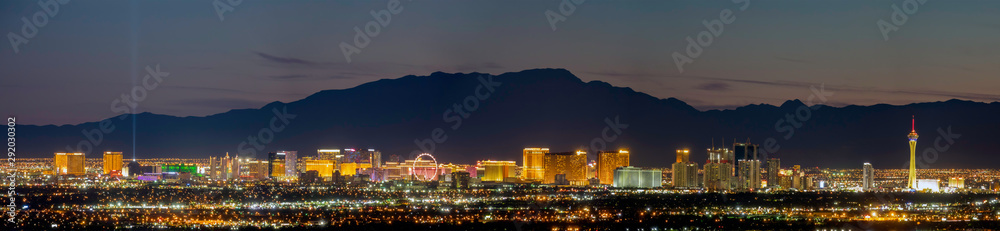 Aerial night high angle view of the downtown Las Vegas Strip - obrazy, fototapety, plakaty 