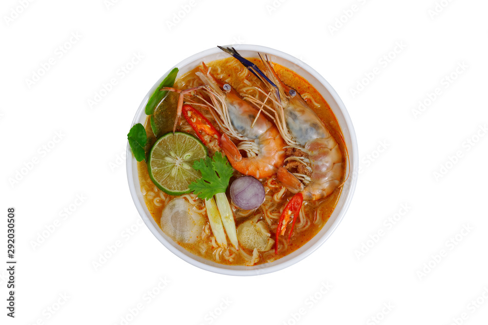 Spicy instant noodles soup with shrimp (tom yum kung) isolated on white background Spicy instant noodles soup with shrimp (tom yum kung) isolated on white background