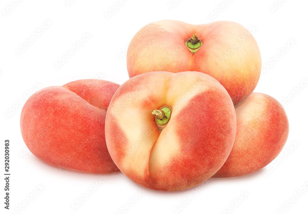 Heap of whole flat peaches isolated on white background. As design element. Heap of whole flat peaches isolated on white background. As design element.