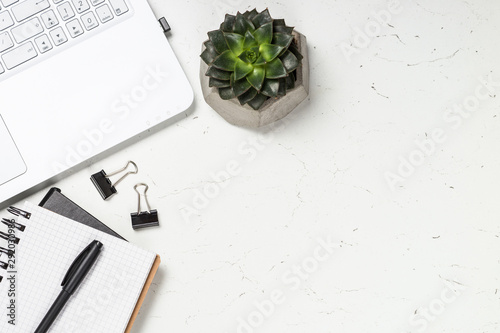 Office desk on white top view.