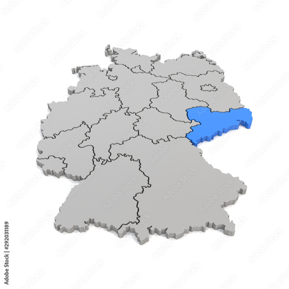 3d Illustation - Deutschlandkarte in grau mit Fokus auf Sachsen in blau - 16 Bundesländer