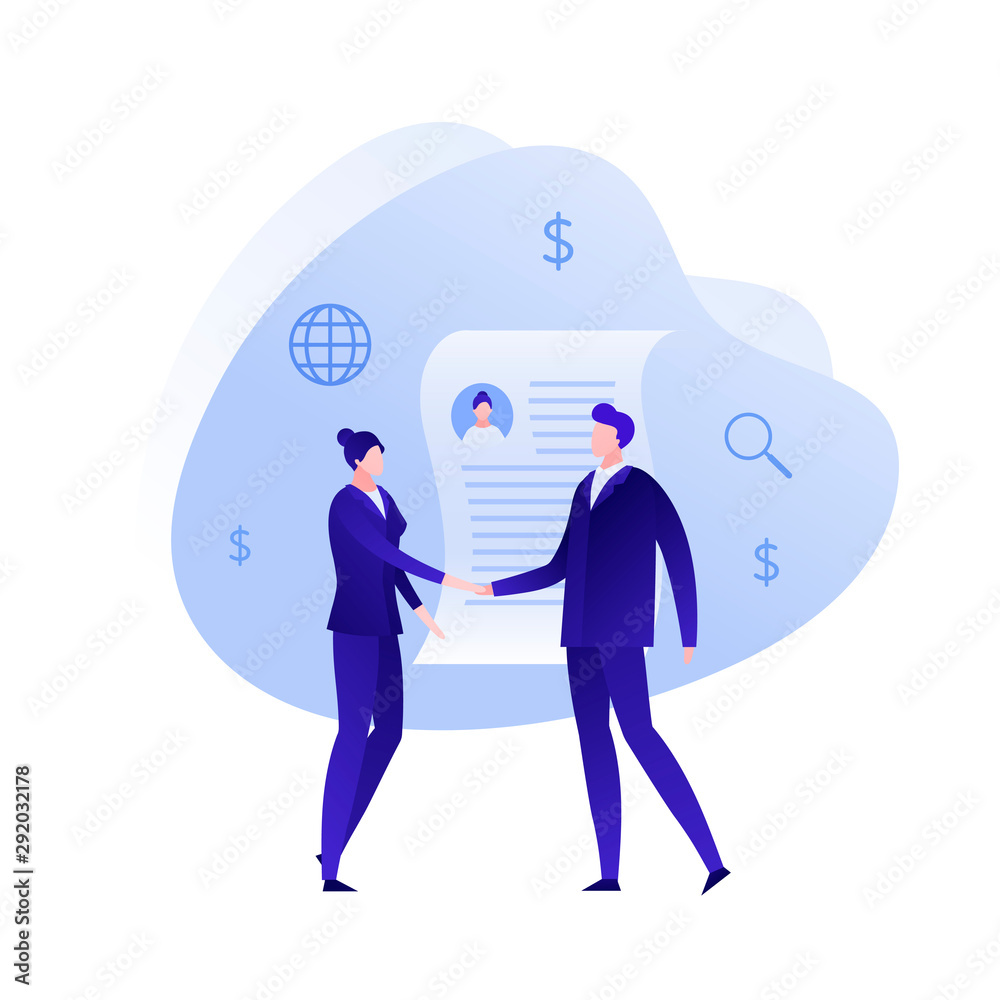 Vector flat human resources person illustration. Man and woman handshake on resume application symbol isolated on white. Concept of success teamwork. Design element for banner, poster, infographics.