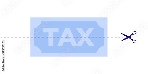 Vector flat business tax cut illustration. Scissors cutting banknote money symbol isolated on white. Concept of lower tax. Design element for banner, poster, web