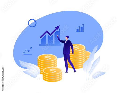 Vector flat business analytics person illustration. Man showing growth chart with arrow. Concept of analytics, consulting. Design element for banner, poster, infographic, web.