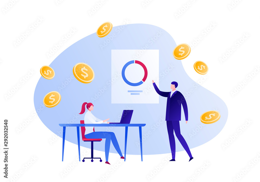 Vector flat business cooperation person illustration. Male with pie chart on poster and woman with laptop on money fall background. Design element for banner, infographics, web