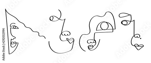 Set of four abstract face one line drawing. Portrait minimalistic style. Fine one line drawing abstract face. One line drawing abstract faces. Modern continuous line art