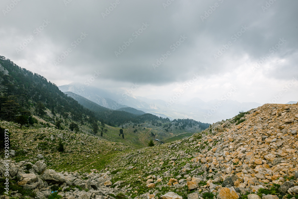 Panoramic view from the peak of Tahtali, also known as Lycian Olympus, a mountain near Kemer, a seaside resort on the Turkish Riviera in Antalya Province, Turkey