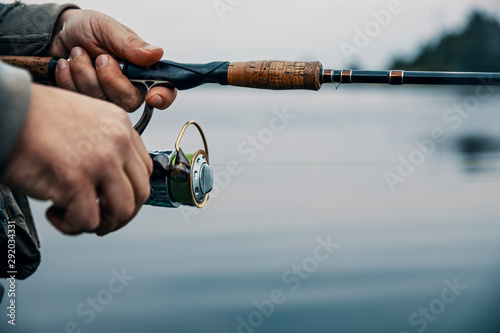 Summer fishing on the river in the early morning Poster Mural XXL