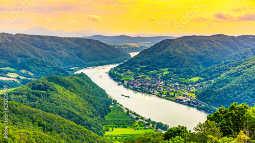 Danube River in hilly Wachau Valley landscape, Austria photo