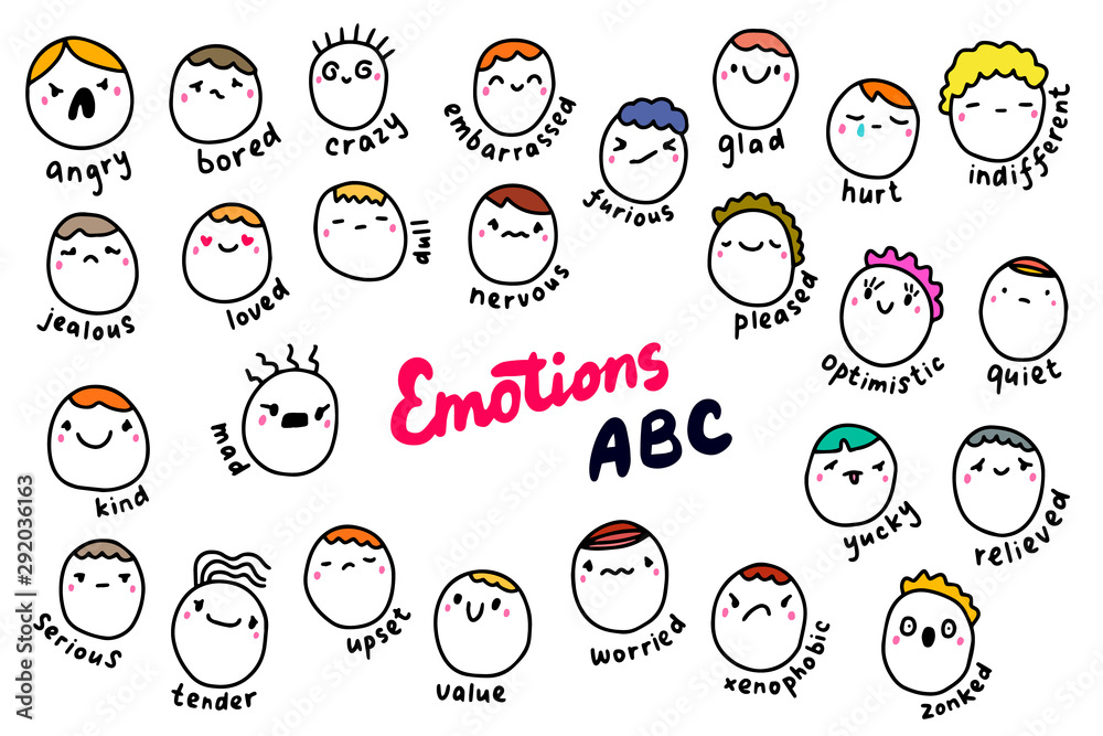 Emotions abc hand drawn vector illustration in cartoon comic style. People heads with different feelings types colorful alphabet Emotions abc hand drawn vector illustration in cartoon comic style. People heads with different feelings types colorful alphabet