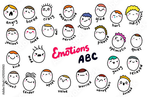 Emotions abc hand drawn vector illustration in cartoon comic style. People heads with different feelings types colorful alphabet photo