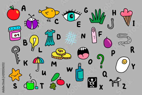 Crazy abstract alphabet in cartoon style hand drawn illustration comic. Abc with apple eye chicken yolk star jam berry finger xray ice cream star money grass hook umbrella road light bulb wine zebra