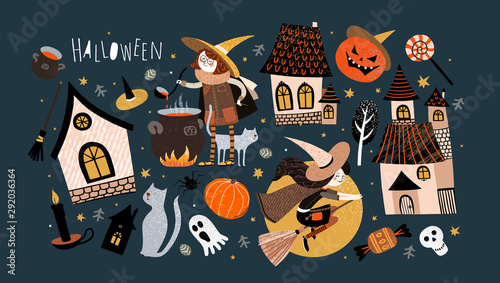 Happy Halloween! Set of objects: a cute witch on a broomstick, a witch makes a potion, a castle, a house, a pumpkin, a pet cat, a tree, a ghost.