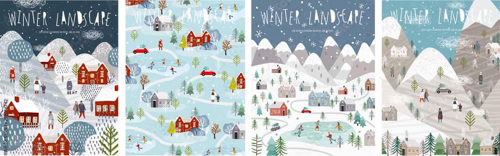 Plakat Zimowy krajobraz. Ilustracja wektorowa natury, miasta, domów, ludzi, drzew i gór w święta nowego roku i święta Bożego Narodzenia. Rysunki na plakat, tło lub kartę.
