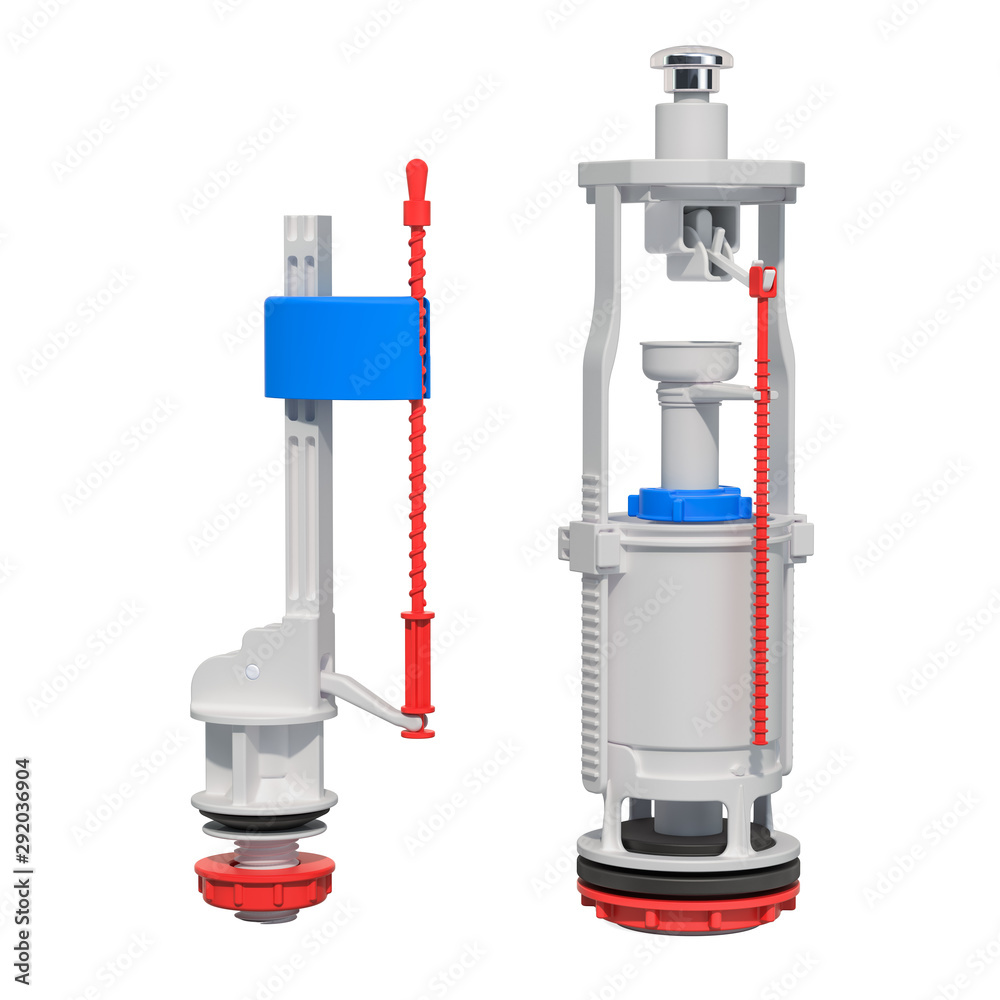 Toilet fill and flush valves, 3D rendering Toilet fill and flush valves, 3D rendering