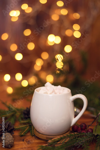 Cacao drink in a glass with marshmallow on the background of bokeh lights, Christmas drink