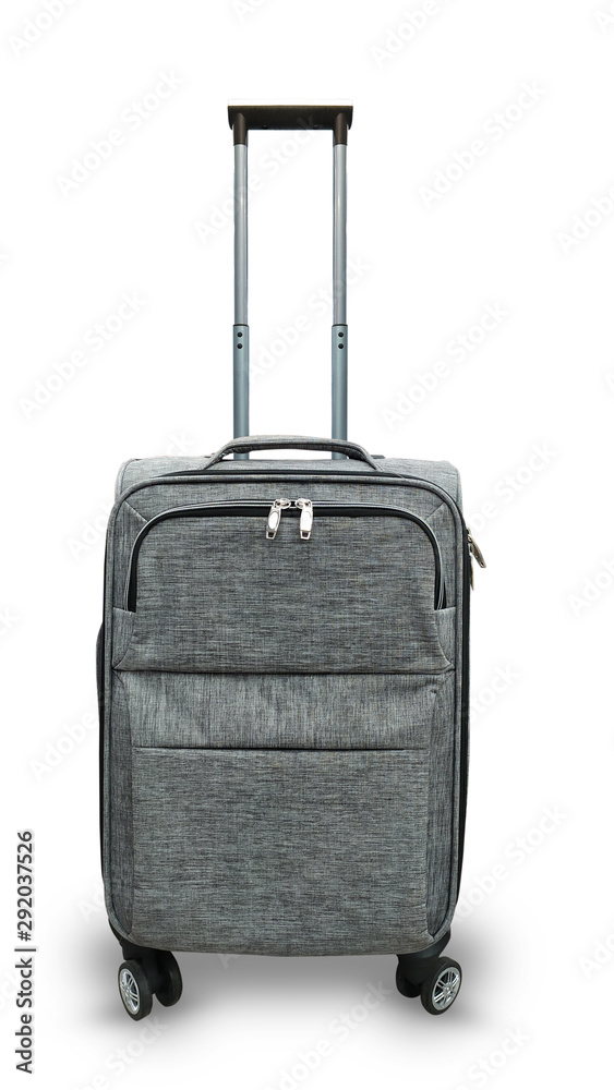 Gray travel bag on wheels on a white background, isolated. Gray travel bag on wheels on a white background, isolated.