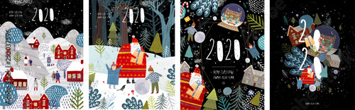 2020! Merry Christmas and a happy new year! Vector illustration with the congratulation of the coming year, night winter cityscape, family and children with santa claus and numbers 2020. 