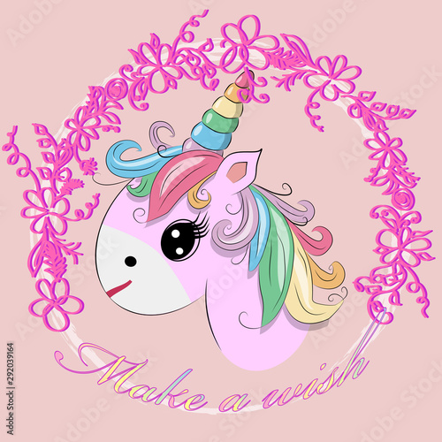 Unicorn illustration drawing with rainbow writing Dreamer. Unicorn's head cartoon