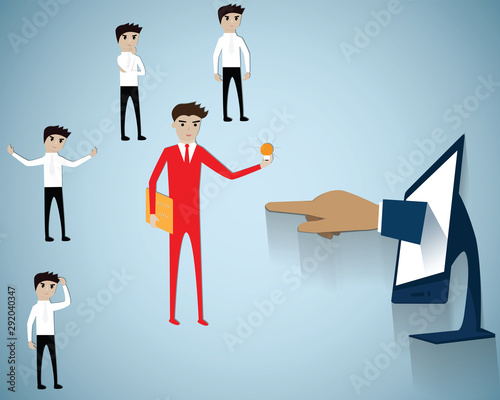 A man in red suit acting smarter than another persons,Business success concept,Big hand point to choosing a man in red suit,Flat design of business hiring online,vector illustration