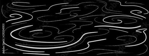 Hand drawn wavy lines, chalk doodles on blackboard. Ice rink background marks from skating and hockey scratched lines. Black banner template with abstract ice pattern. Horizontal concept.