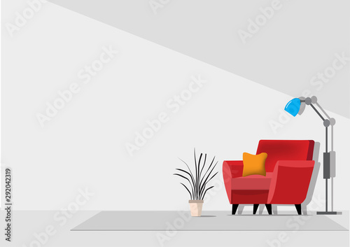 The living room with furniture.There are many things such as,lamps,small trees,sofa, the wall room.Flat style vector illustration.