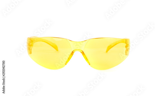 Yellow safety goggles for eyes isolated on white background. The concept of hygiene and safety at work, home. Eye safety, eye protection against damage.