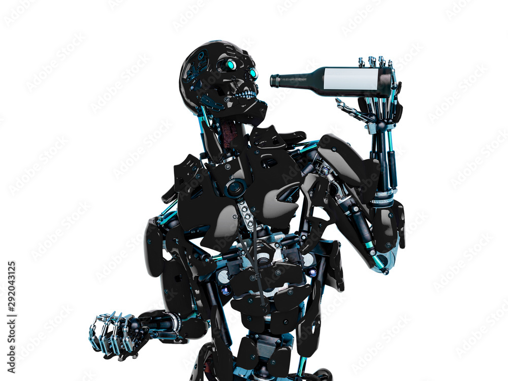 android holding a bottle and drinking android holding a bottle and drinking