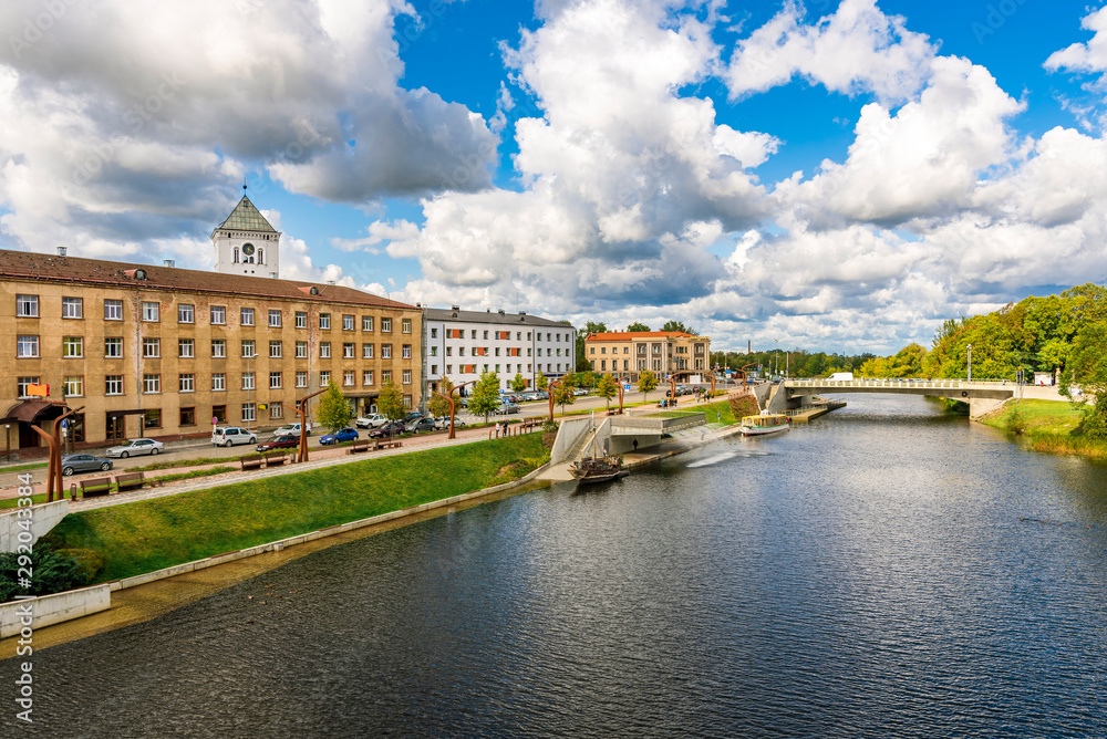 Panoramic view of riverside and central Promenade in Jelgava, Latvia. During sunny summer day.