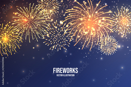 Festive fireworks. Realistic colorful firework on blue abstract background. Multicolored explosion. Christmas or New Year greeting card. Diwali festival of lights. Vector illustration.