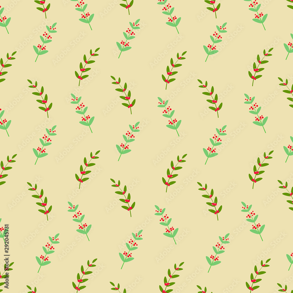 Vector graphics. Bright, simple floral pattern. Holidays  cartoon pattern with red berries branches. Light background. 