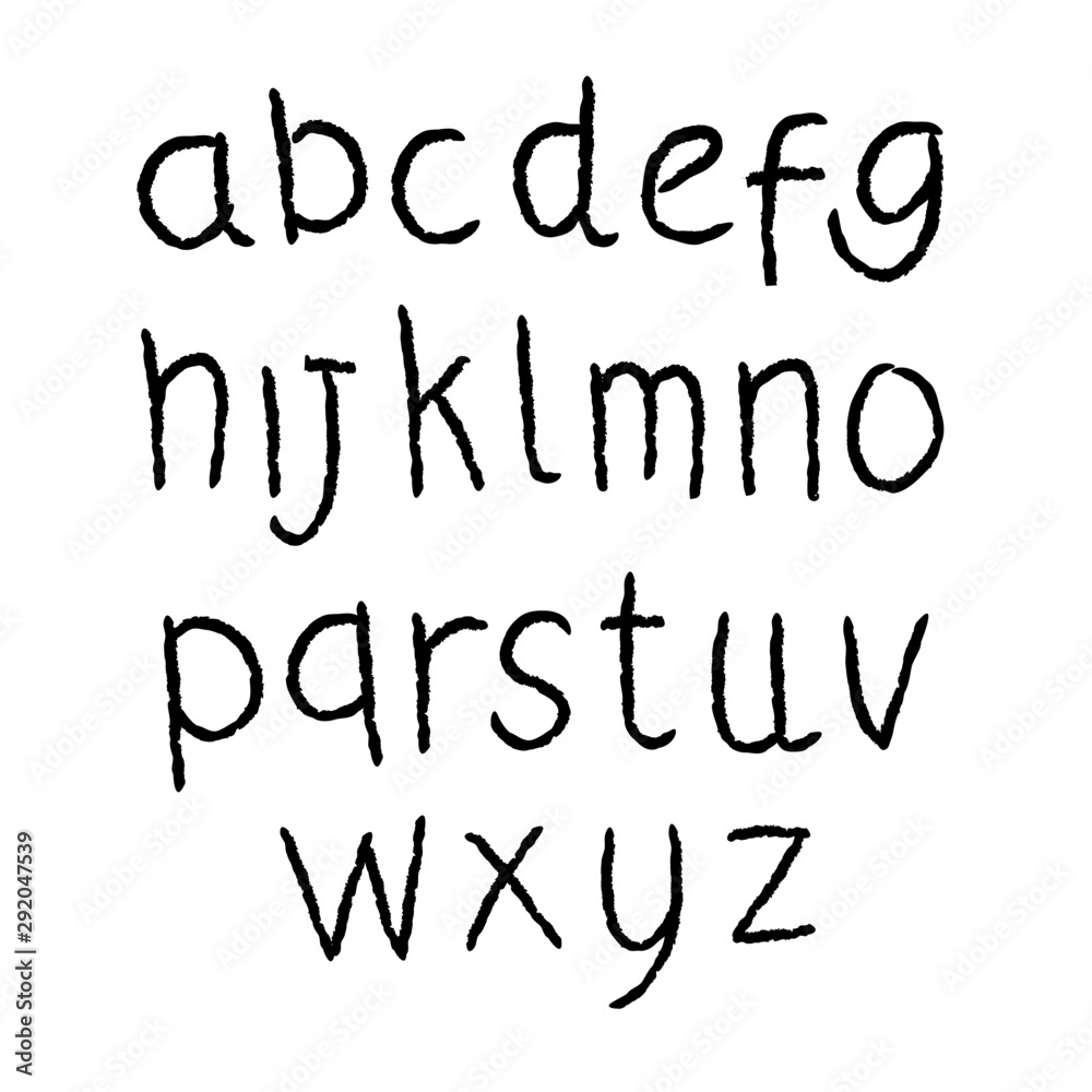 Hand drawn ABC letters. Doodle style. Isolated white background. Black color alphabet.