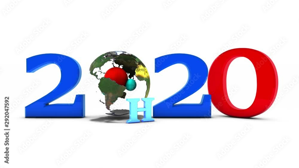 3D animation of rotating continents and water molecules in space. The composition forms the date of the 2020 new year. 3D animation of rotating continents and water molecules in space. The composition forms the date of the 2020 new year.