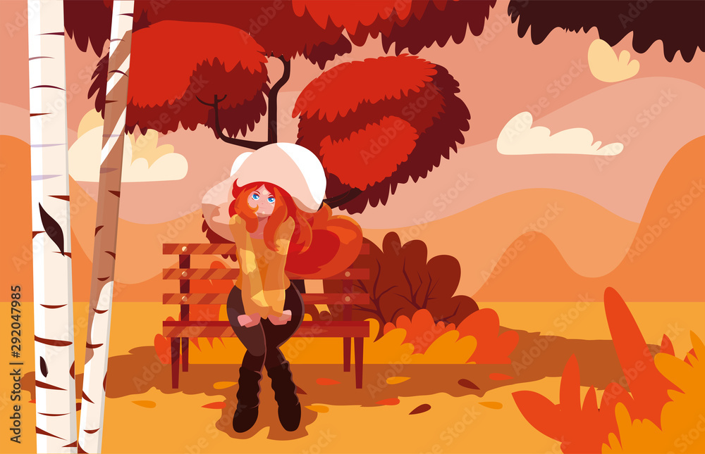 Naklejka premium woman with park chair in landscape of autumn