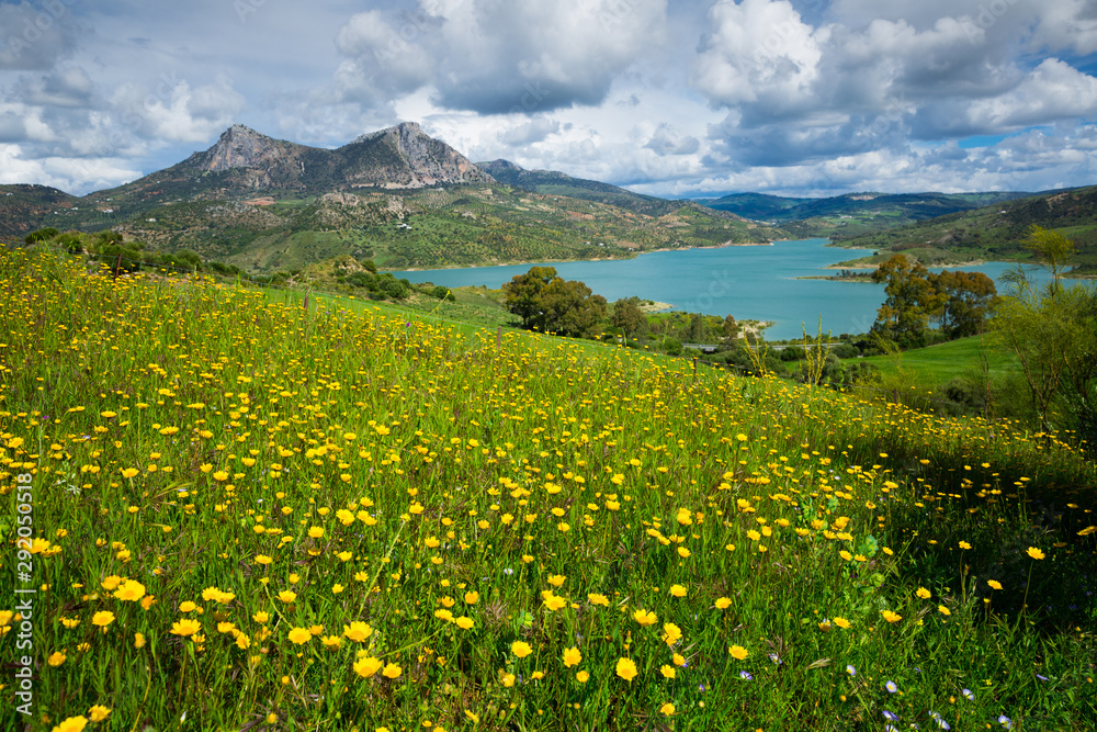 Fototapeta premium Blue lake and green hills