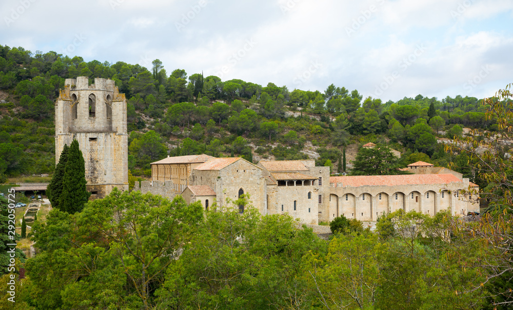 Historical view of Castle of Abbey Sainte-Marie d'Orbieu in Lagrasse