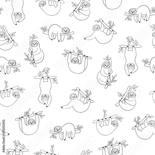 Seamless pattern with cute baby sloths hanging on the tree. Black and white line art. Hand drawn adorable animal background in the minimalist style. Vector rainforest set of funny sloths