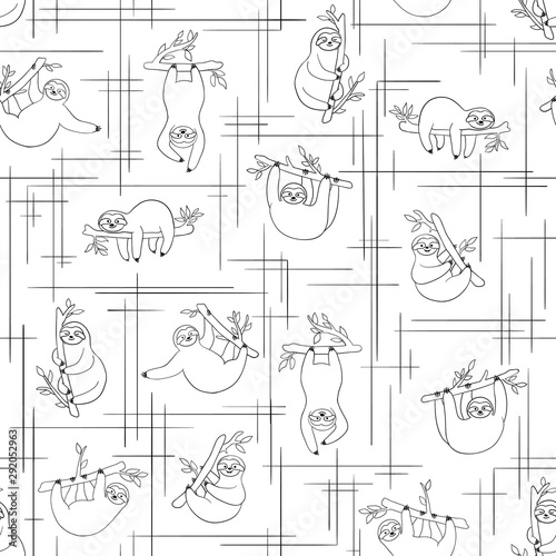 Seamless pattern with cute baby sloths hanging on the tree. Black and white line art. Hand drawn adorable animal background in the minimalist style. Vector rainforest set of funny sloths